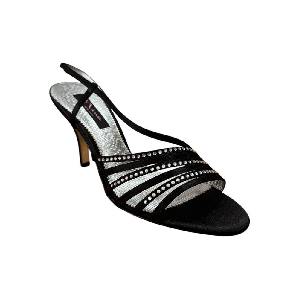 Nina Black Satin Strappy Rhinestone High Heel Open Toe Pumps Women Size 10M